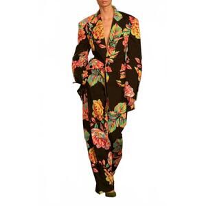 NEW CHRISTOPHER JOHN ROGERS wide leg flat front trouser in technifloral black